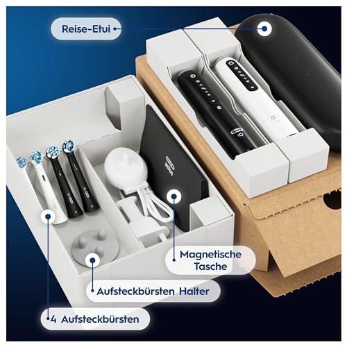 Oral-B iO Series 5 Plus Edition Elektrische Zahnbürste/Electric Toothbrush, Doppelpack PLUS 2 Aufsteckbürsten + Magnet-Etui, 5 Putzmodi, Designed by Braun, Matt Black/Quite White