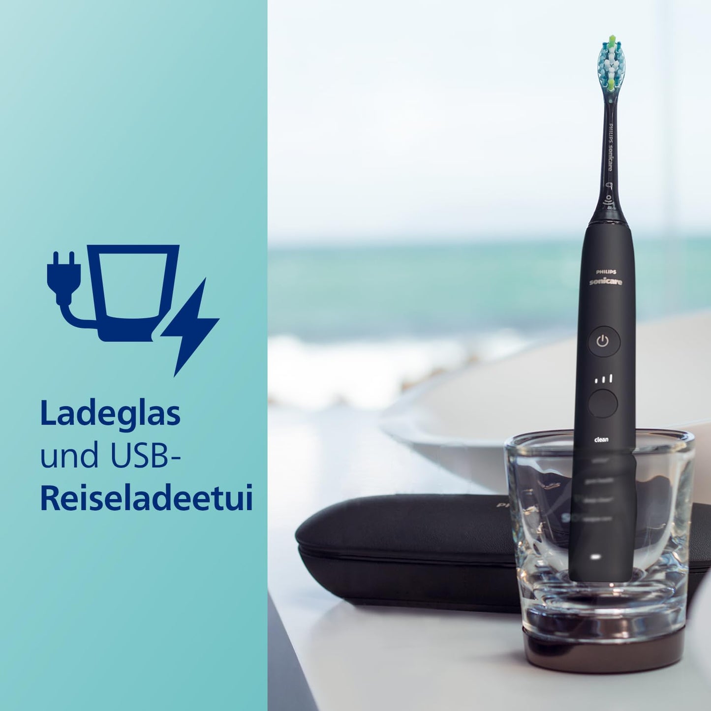 Philips Sonicare DiamondClean 9000 elektrische Zahnbürste, Schallzahnbürste mit App, Drucksensor, 4 Putzmodi, 3 Intensitätsstufen, Ladeglas und USB-Reiseetui, Schwarz, Modell HX9911/09