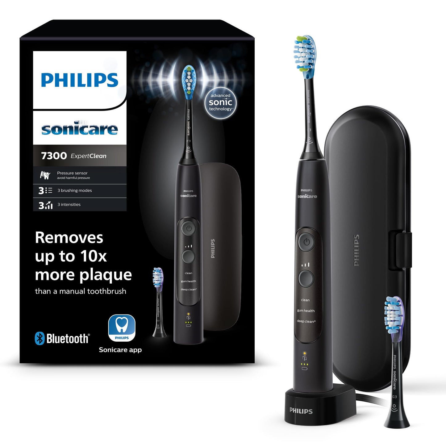 Philips Sonicare ExpertClean 7300 elektrische Zahnbürste, Schallzahnbürste mit App, 3 Putzmodi und 3 Intensitätsstufen, Drucksensor, Reiseetui, Schwarz, Model HX9601/02