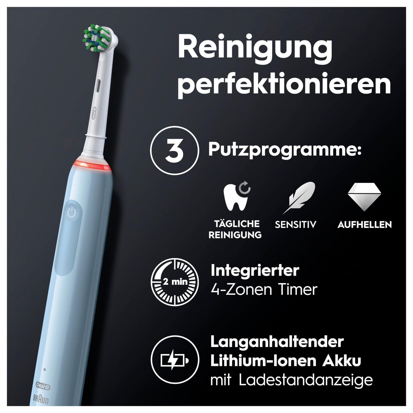 Oral-B PRO 3 3000 Elektrische Zahnbürste/Electric Toothbrush, 2 CrossAction Aufsteckbürsten, mit 3 Putzmodi und visueller 360° Andruckkontrolle für Zahnpflege, Geschenk Mann/Frau, blau