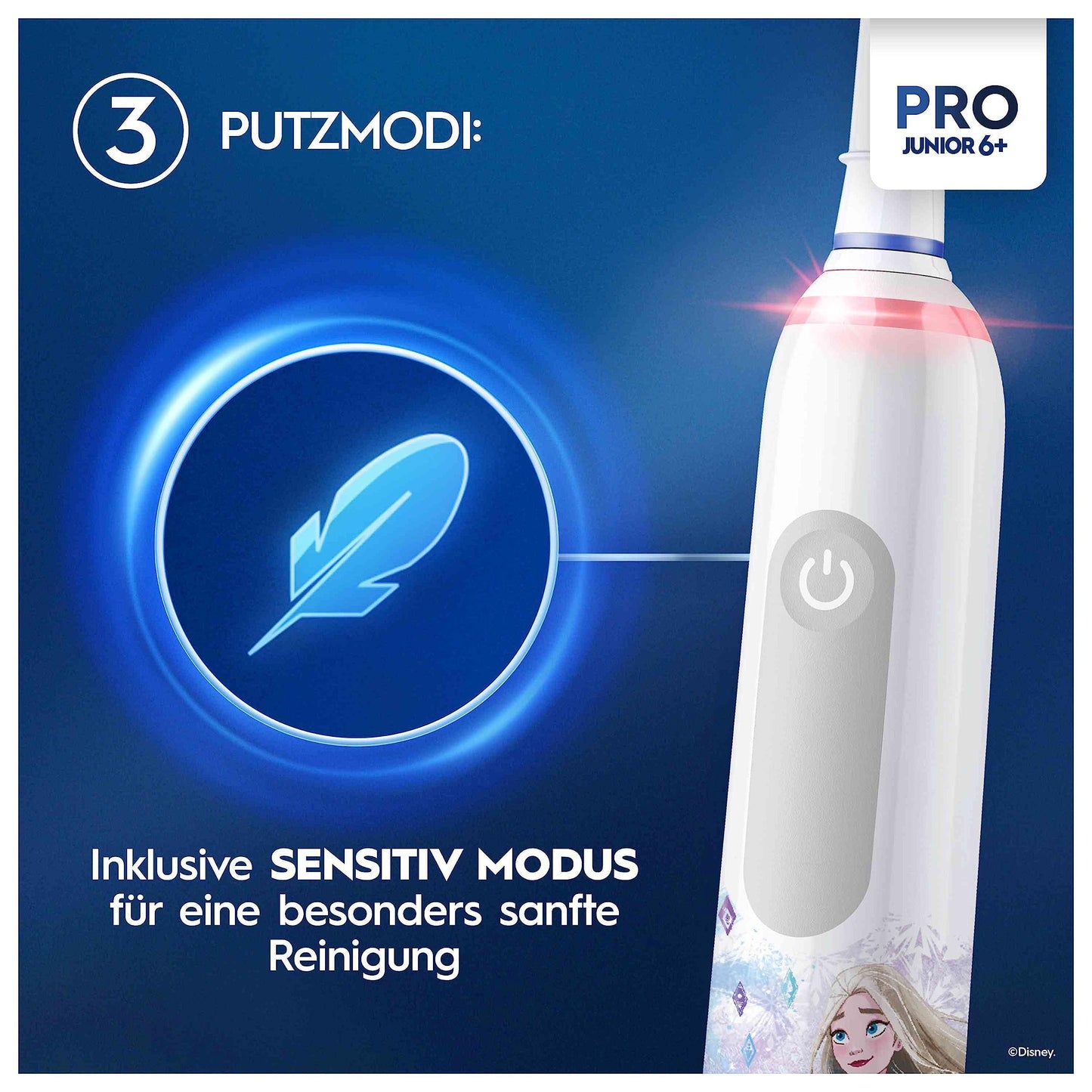 Oral-B Pro Junior Frozen Elektrische Zahnbürste/Electric Toothbrush für Kinder ab 6 Jahren, 2 Aufsteckbürsten, 360°-Andruckkontrolle, 2 Putzmodi inkl. Sensitiv für Zahnpflege, weiche Borsten, weiß