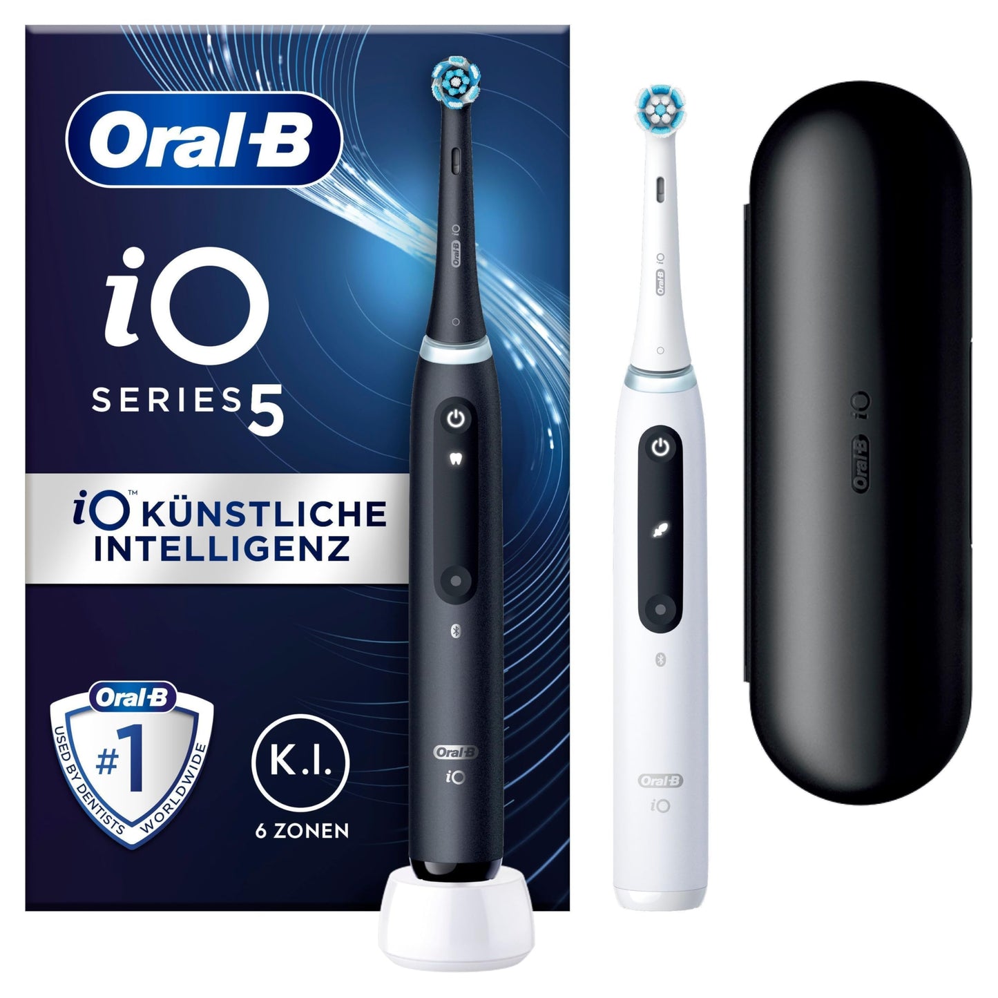 Oral-B iO Series 5 Elektrische Zahnbürste/Electric Toothbrush, Doppelpack, Magnet-Technologie, 2 Aufsteckbürsten, 5 Putzmodi für Zahnpflege, LED-Anzeige & Reiseetui, Designed by Braun, black/white
