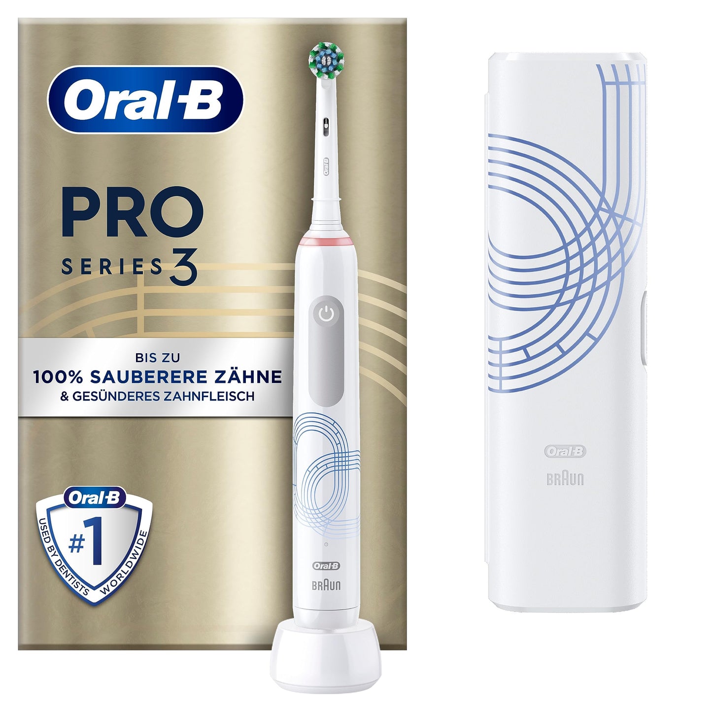 Oral-B Pro Series 3 Elektrische Zahnbürste/Electric Toothbrush, 1 Aufsteckbürste, 3 Putzmodi und visuelle 360° Andruckkontrolle für Zahnpflege, Reiseetui, Special Edition, Designed by Braun, white