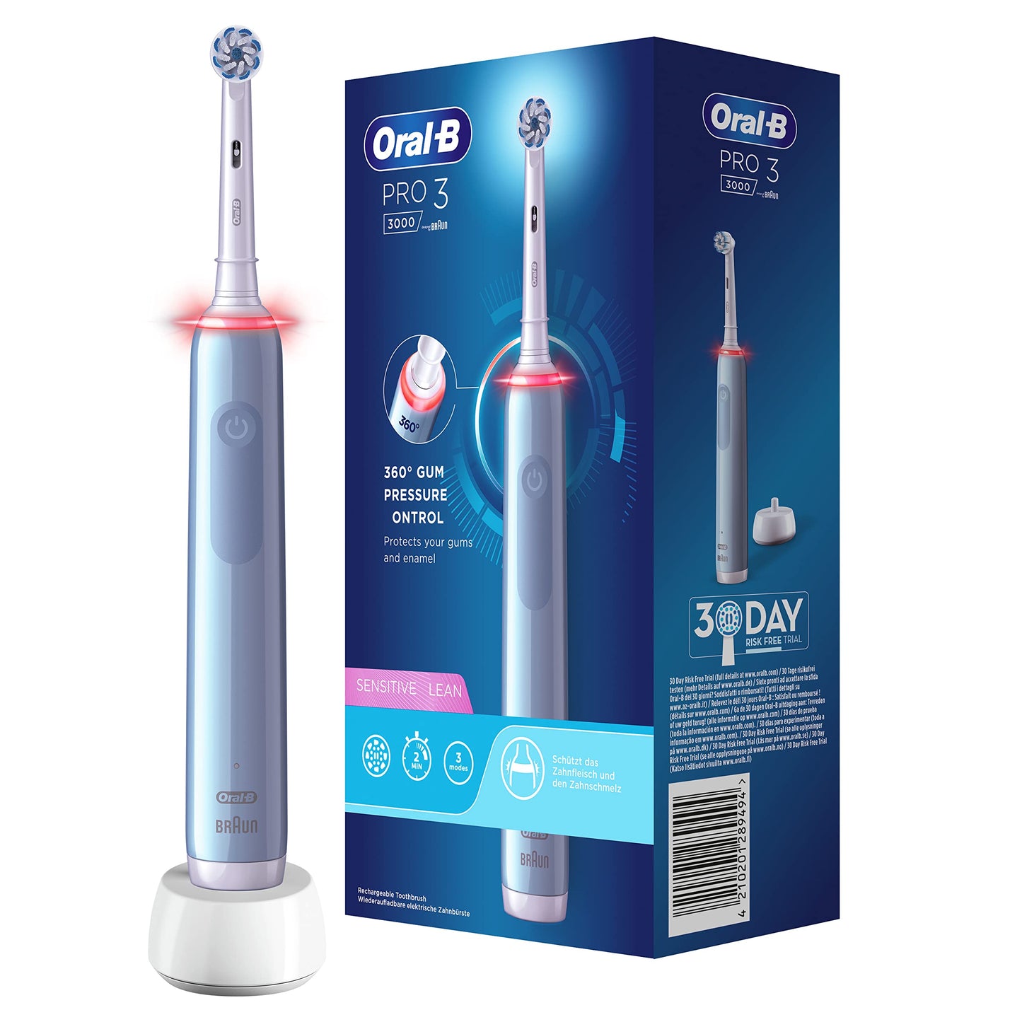 Oral-B PRO 3 3000 Sensitive Clean Elektrische Zahnbürste/Electric Toothbrush, mit 3 Putzmodi inkl. Sensitiv und visueller 360° Andruckkontrolle für Zahnpflege, Designed by Braun, blau
