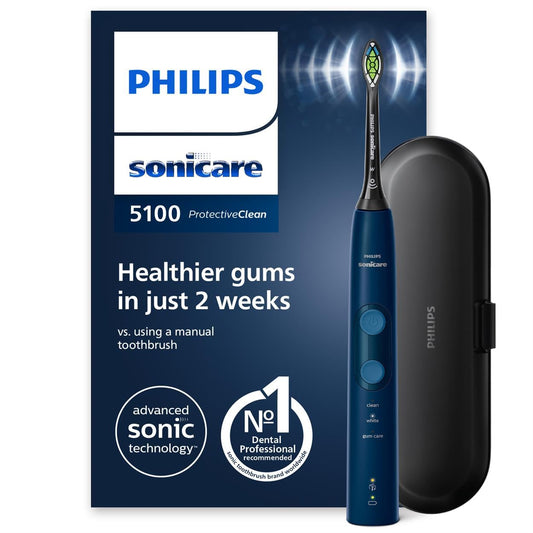 Philips Sonicare ProtectiveClean 5100 elektrische Zahnbürste, Schallzahnbürste mit 3 Putzmodi, Clean, White und Gum Care, Drucksensor, Timer und Reiseetui, Blau, Modell HX6851/53