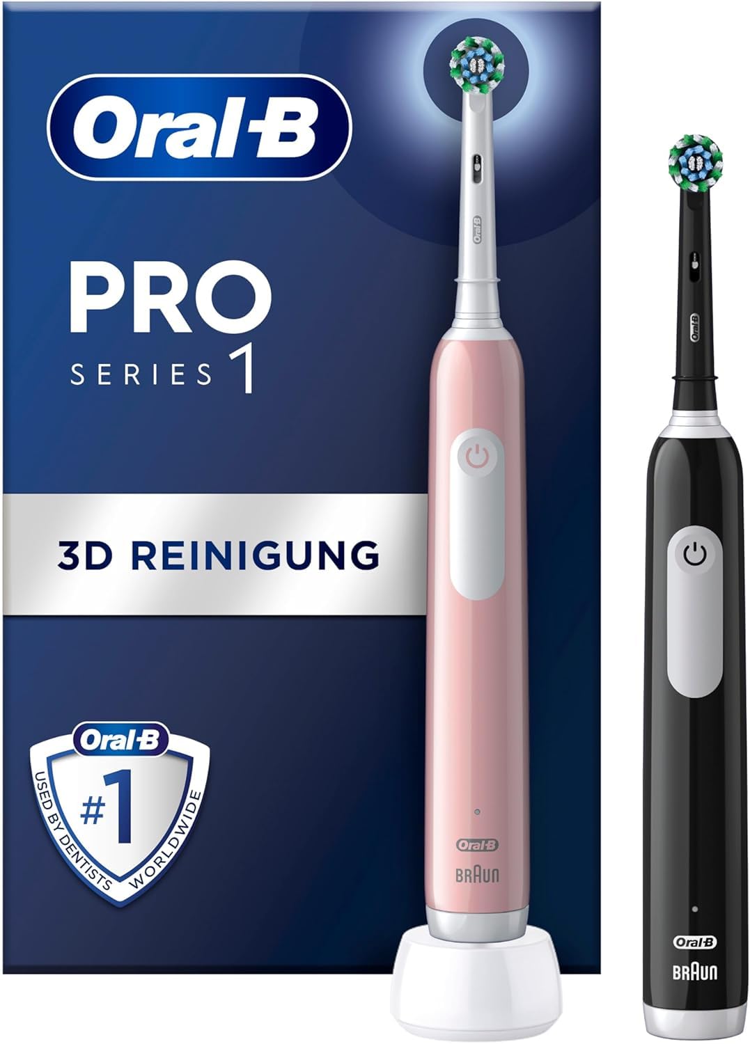 Oral-B Pro Series 1 Elektrische Zahnbürste/Electric Toothbrush, Doppelpack, 2 Aufsteckbürsten, 3 Putzmodi und Drucksensor für Zahnpflege, Designed by Braun, pink/black