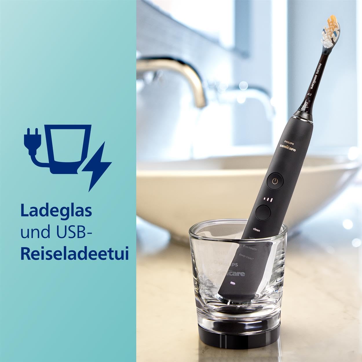 Philips Sonicare DiamondClean Smart 9400 elektrische Zahnbürste, Schallzahnbürste mit App, Drucksensor, Bürstenkopferkennung, 4 Putzmodi und 3 Intensitätsstufen, Schwarz, Modell HX9917/89
