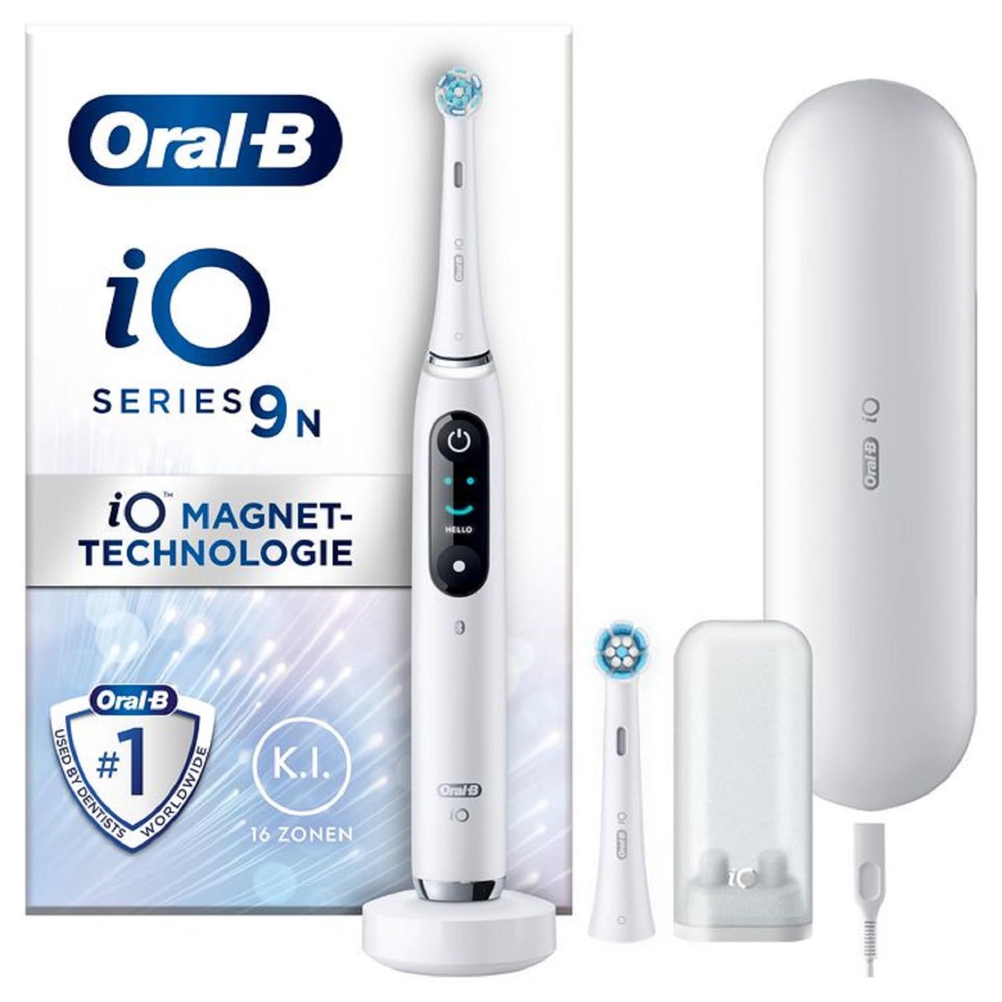 Oral-B iO Series 9 Elektrische Zahnbürste/Electric Toothbrush, 2 Aufsteckbürsten, 7 Putzmodi, Zahnpflege, Farbdisplay, Lade-Reiseetui, white alabaster