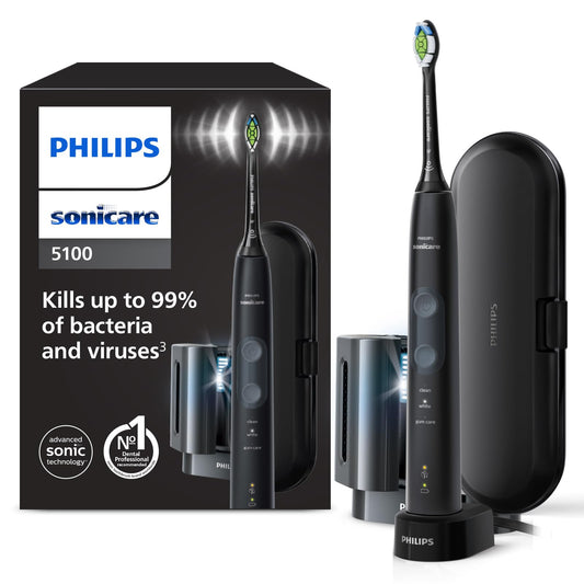 Philips Sonicare ProtectiveClean 5100 elektrische Zahnbürste, Schallzahnbürste mit 3 Putzmodi, Drucksensor, Timer, Reiseetui, UV-Reinigungsgerät, Schwarz, Modell HX6850/57