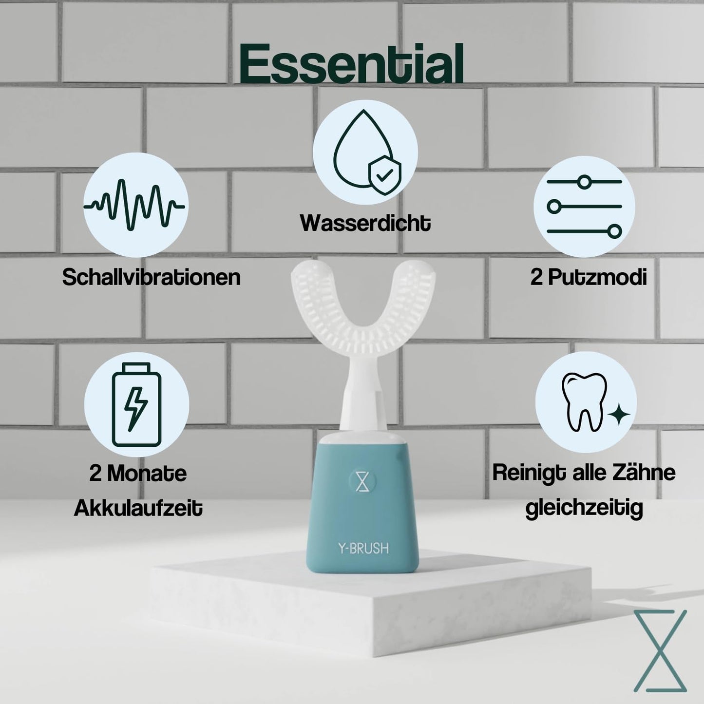 New Y-Brush Essential – Elektrische Schallzahnbürste – Automatisch – 3 Monate Akkulaufzeit – 2 Vibrationsmodi – Essential-Pack für Erwachsene