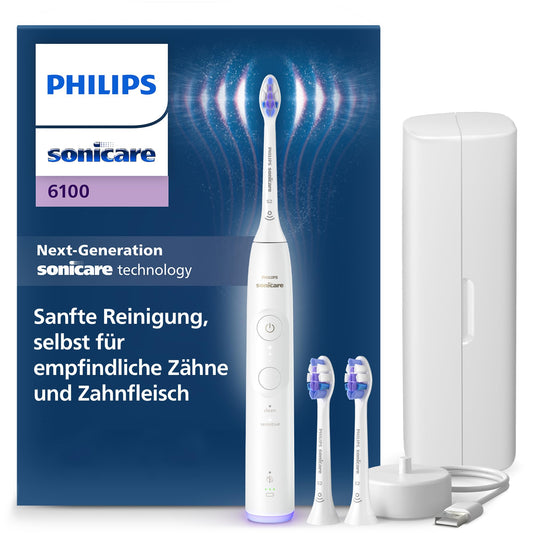 Philips Sonicare 6100 elektrische Zahnbürste, Schallzahnbürste mit 2 Putzmodi, 3 Intensitätsstufen, Andruckkontrolle, EasyStart, SmarTimer, Reiseetui, Weiß, Modell HX7400/02 [Neue Technologie]