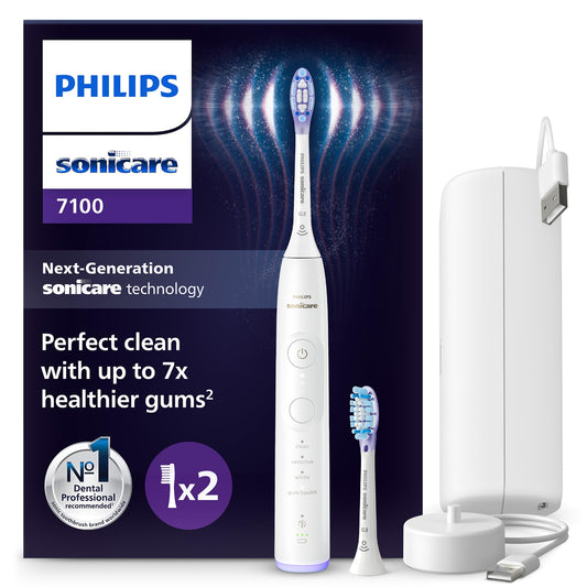 Philips Sonicare 7100 elektrische Zahnbürste, Schallzahnbürste mit App, 4 Putzmodi und 3 Intensitätsstufen, Andruckkontrolle, EasyStart, SmarTimer, Weiß, Modell HX7420/02 [Neue Technologie]