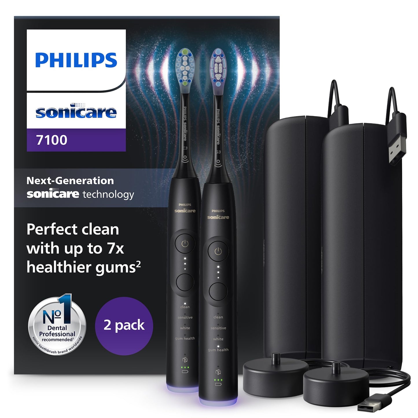 Philips Sonicare 7100 elektrische Zahnbürste, Schallzahnbürste mit App, 4 Putzmodi, 3 Intensitätsstufen, Andruckkontrolle, EasyStart, SmarTimer, Schwarz, 2er-Pack, Modell HX7429/03 [Neue Technologie]