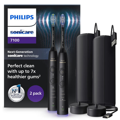 Philips Sonicare 7100 elektrische Zahnbürste, Schallzahnbürste mit App, 4 Putzmodi, 3 Intensitätsstufen, Andruckkontrolle, EasyStart, SmarTimer, Schwarz, 2er-Pack, Modell HX7429/03 [Neue Technologie]