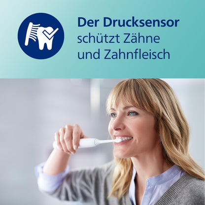 Philips Sonicare ProtectiveClean 4300 elektrische Zahnbürste, Schallzahnbürste mit zwei Intensitätsstufen, Drucksensor und Timer, Weiß, Modell HX6807/51
