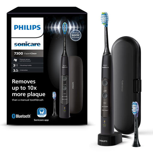Philips Sonicare ExpertClean 7300 elektrische Zahnbürste, Schallzahnbürste mit App, 3 Putzmodi und 3 Intensitätsstufen, Drucksensor, Reiseetui, Schwarz, Model HX9601/02