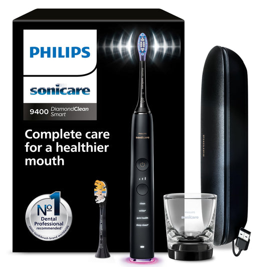 Philips Sonicare DiamondClean Smart 9400 elektrische Zahnbürste, Schallzahnbürste mit App, Drucksensor, Bürstenkopferkennung, 4 Putzmodi und 3 Intensitätsstufen, Schwarz, Modell HX9917/89