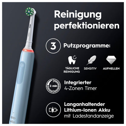Oral-B PRO 3 3000 Elektrische Zahnbürste/Electric Toothbrush, 2 CrossAction Aufsteckbürsten, mit 3 Putzmodi und visueller 360° Andruckkontrolle für Zahnpflege, Geschenk Mann/Frau, blau