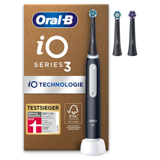 Oral-B iO Series 3 Plus Edition Elektrische Zahnbürste, Electric Toothbrush, PLUS 3 Aufsteckbürsten, 3 Putzmodi für Zahnpflege, Designed by Braun, TESTSIEGER Stiftung Warentest (12-2024), Matt Black