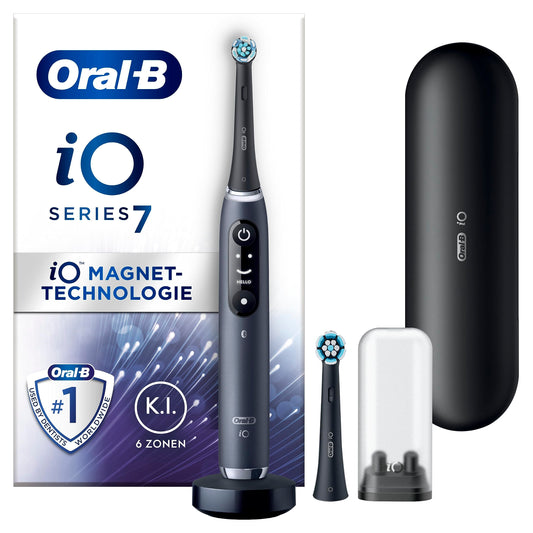 Oral-B iO Series 7 Elektrische Zahnbürste/Electric Toothbrush, 2 Aufsteckbürsten, 5 Putzmodi für Zahnpflege, Valentinstagsgeschenk für Ihn/Sie, Display & Reiseetui, Designed by Braun, black onyx
