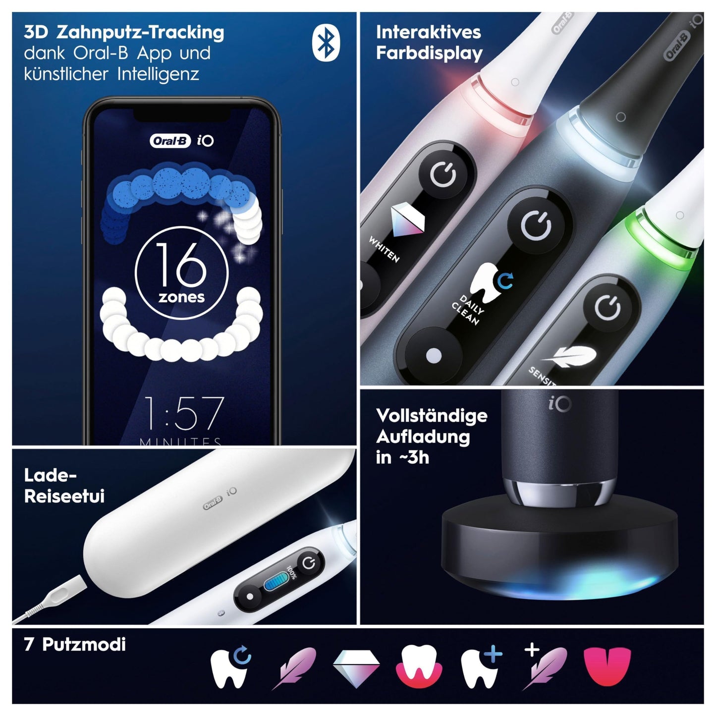 Oral-B iO Series 9 Elektrische Zahnbürste/Electric Toothbrush, 2 Aufsteckbürsten, 7 Putzmodi, Zahnpflege, Farbdisplay, Lade-Reiseetui, white alabaster