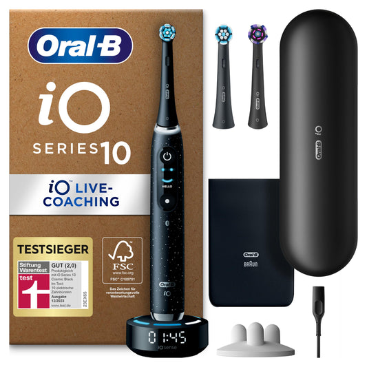 Oral-B iO Series 10 Plus Edition Elektrische Zahnbürste, Electric Toothbrush, PLUS 3 Aufsteckbürsten, 7 Putzmodi für Zahnpflege, Lade-Reiseetui, Designed by Braun, cosmic black