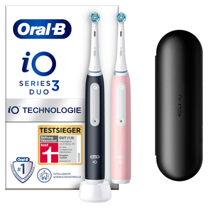 Oral-B iO Series 3 Elektrische Zahnbürste, Electric Toothbrush, Doppelpack, 2 Aufsteckbürsten, 3 Putzmodi für Zahnpflege, Reiseetui, TESTSIEGER Stiftung Warentest (12, 2024), Matt Black, Blush Pink