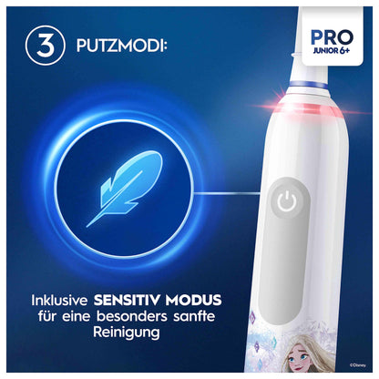 Oral-B Pro Junior Frozen Elektrische Zahnbürste/Electric Toothbrush für Kinder ab 6 Jahren, 2 Aufsteckbürsten, 360°-Andruckkontrolle, 2 Putzmodi inkl. Sensitiv für Zahnpflege, weiche Borsten, weiß