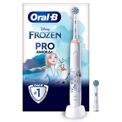 Oral-B Pro Junior Frozen Elektrische Zahnbürste/Electric Toothbrush für Kinder ab 6 Jahren, 2 Aufsteckbürsten, 360°-Andruckkontrolle, 2 Putzmodi inkl. Sensitiv für Zahnpflege, weiche Borsten, weiß