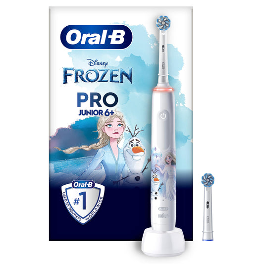 Oral-B Pro Junior Frozen Elektrische Zahnbürste/Electric Toothbrush für Kinder ab 6 Jahren, 2 Aufsteckbürsten, 360°-Andruckkontrolle, 2 Putzmodi inkl. Sensitiv für Zahnpflege, weiche Borsten, weiß