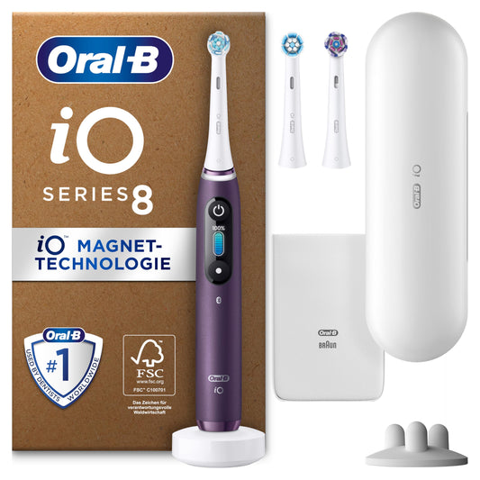 Oral-B iO Series 8 Plus Edition Elektrische Zahnbürste, Electric Toothbrush, PLUS 3 Aufsteckbürsten, 6 Putzmodi für Zahnpflege, Reiseetui, Designed by Braun, Violet Ametrine