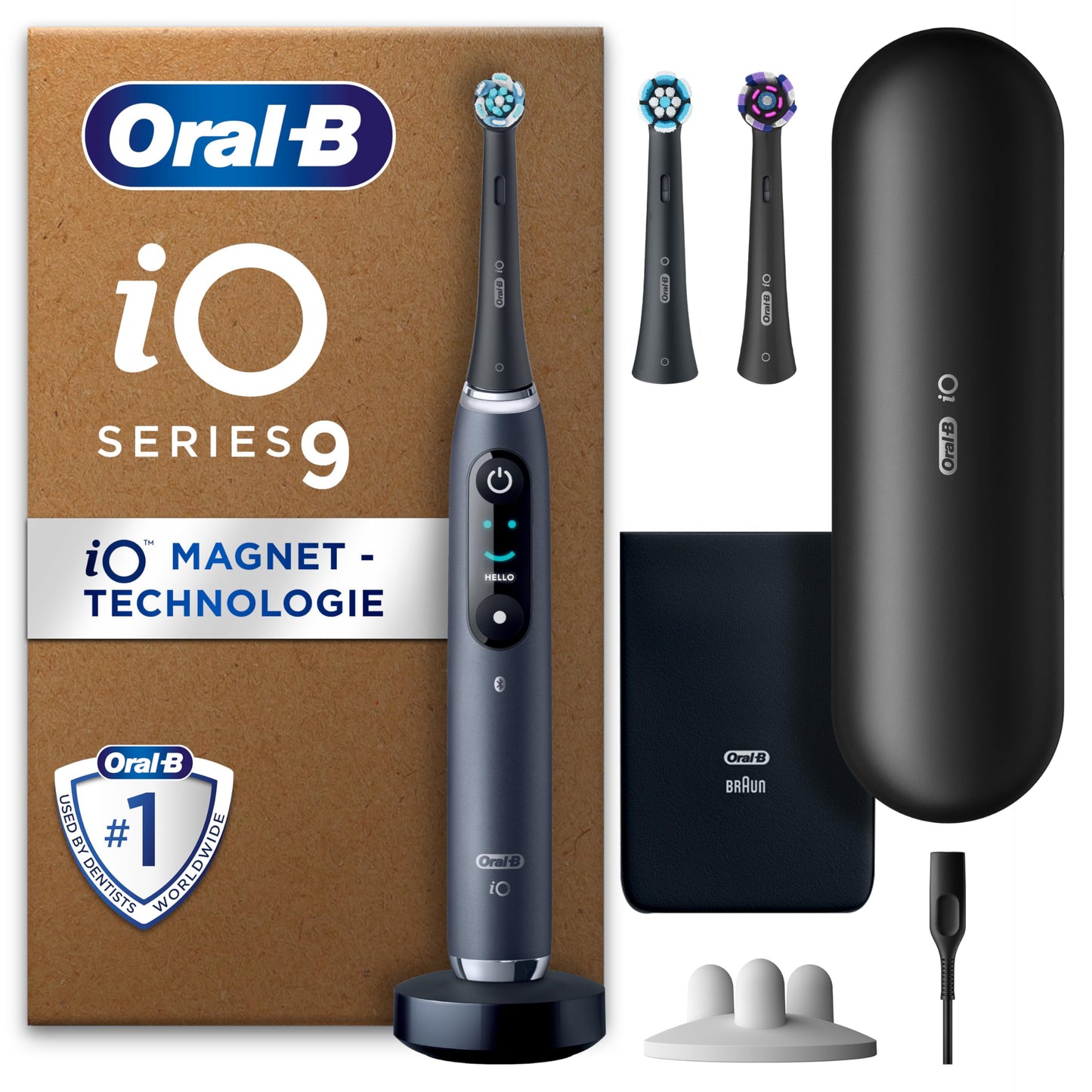 Oral-B iO Series 9 Plus Edition Elektrische Zahnbürste, Electric Toothbrush, PLUS 3 Aufsteckbürsten, 7 Putzmodi für Zahnpflege, Lade-Reiseetui, Designed by Braun, black onyx