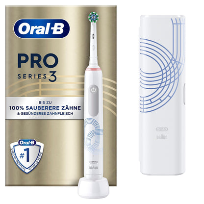 Oral-B Pro Series 3 Elektrische Zahnbürste/Electric Toothbrush, 1 Aufsteckbürste, 3 Putzmodi und visuelle 360° Andruckkontrolle für Zahnpflege, Reiseetui, Special Edition, Designed by Braun, white